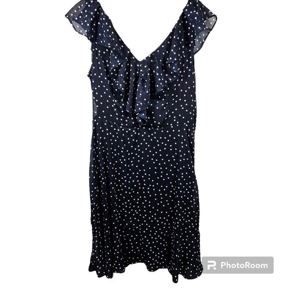 DKNY Polka Dot Dress Navy & White V-Neck Sheer Flutter Sleeves Size 10 - Picture 1 of 13